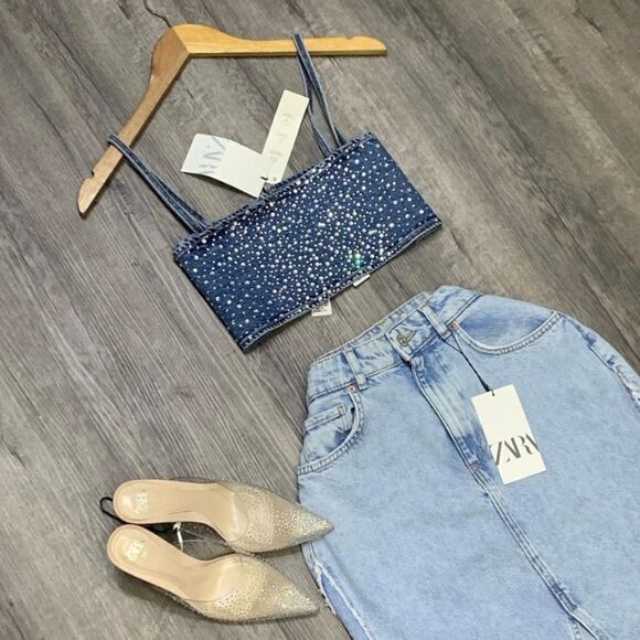 ZARA JEWEL DENIM TRF TOP ZARA CROP - Picture 1 of 16